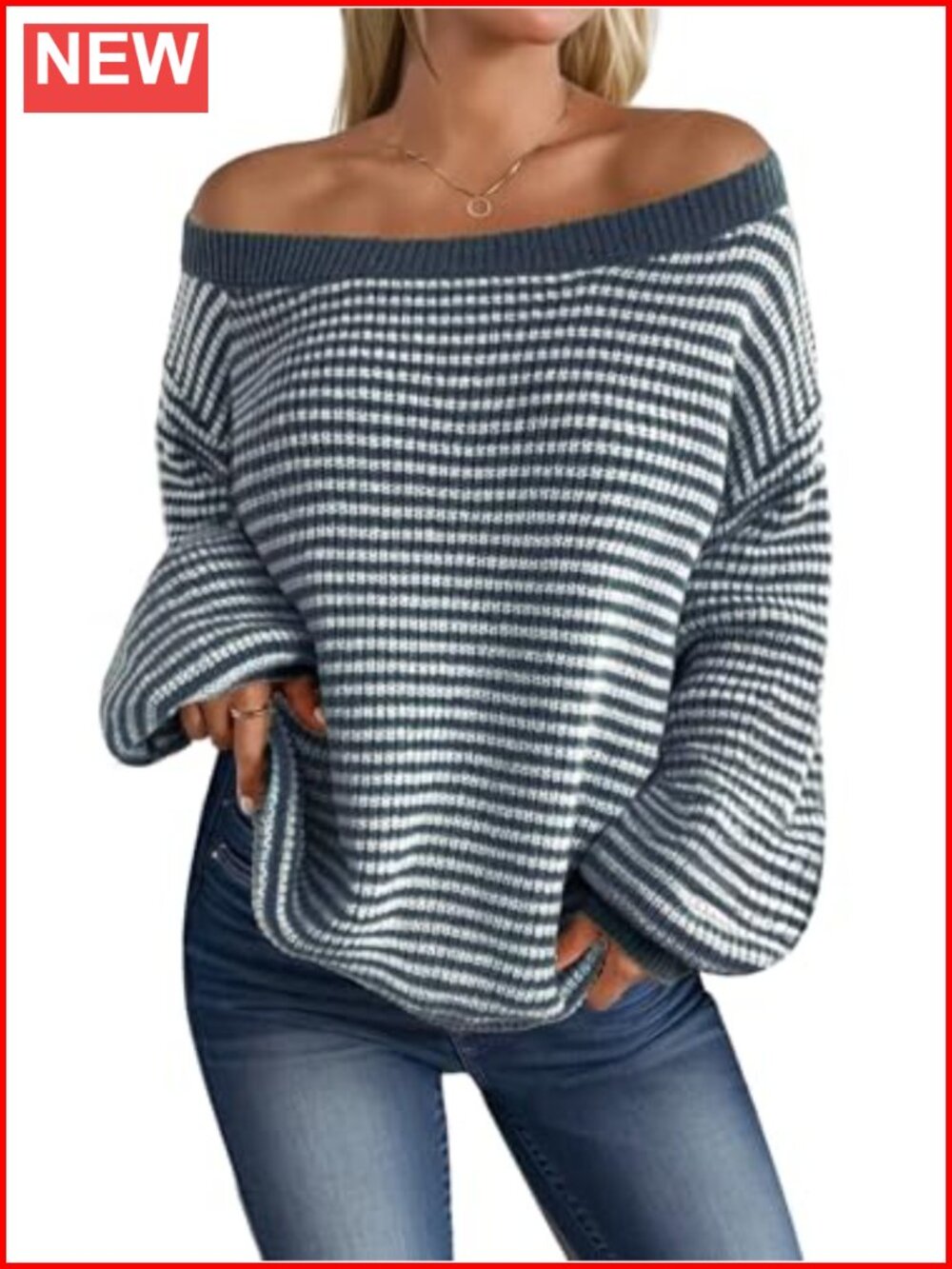 Off the Shoulder Striped Knit Pullover Sweater Long Sleeve Casual Fall Top